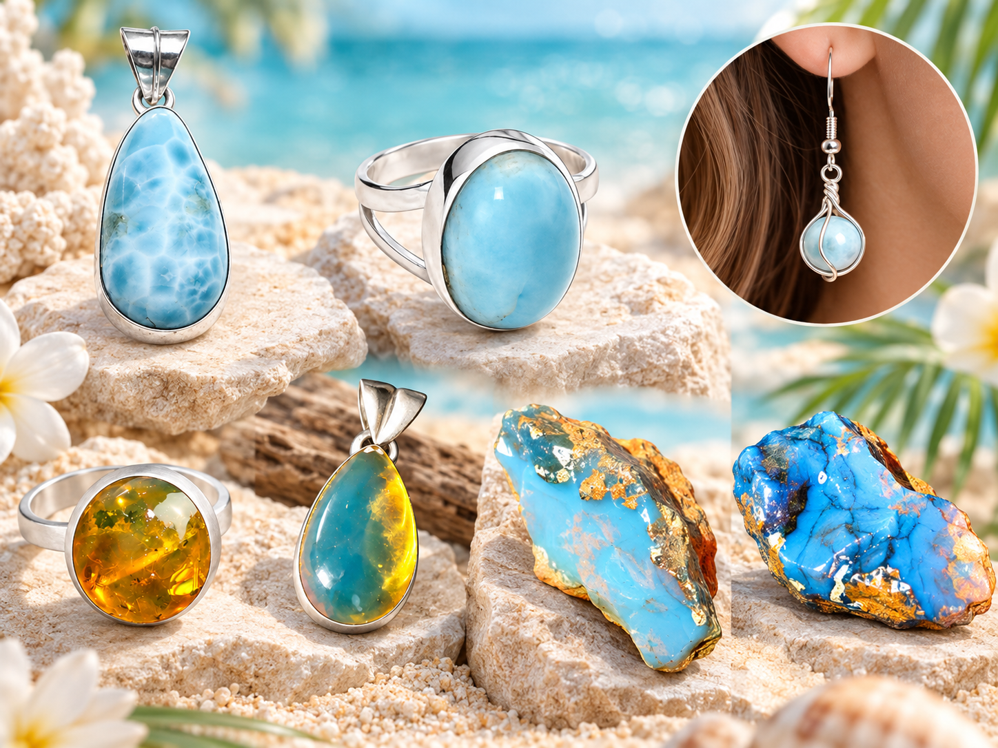 Larimar and amber jewelry with blue gemstones in a tropical beach setting