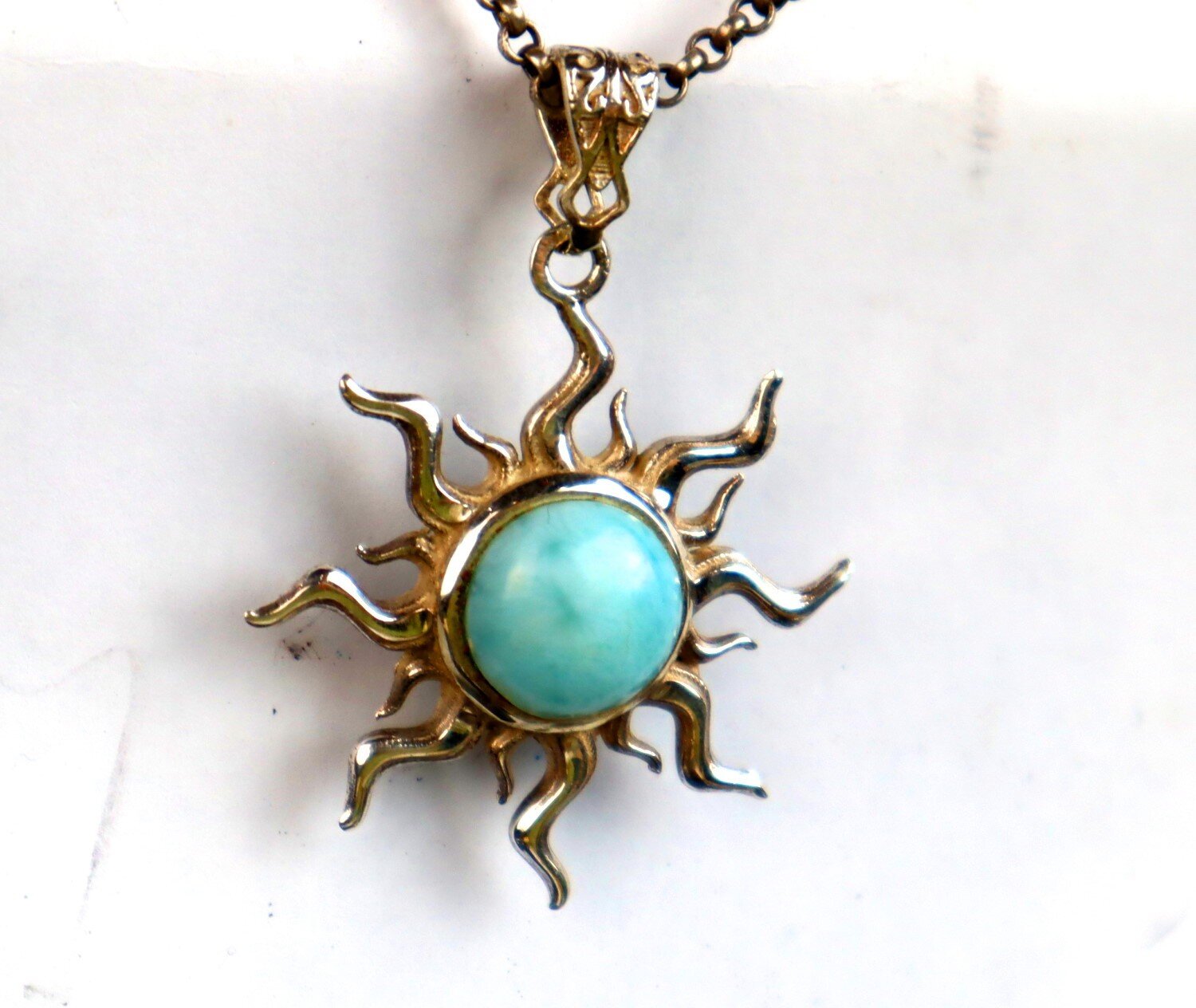 Charming Design Natural Sky Blue Larimar .925 Sterling Silver Sun Pendant 49mm – photo 3