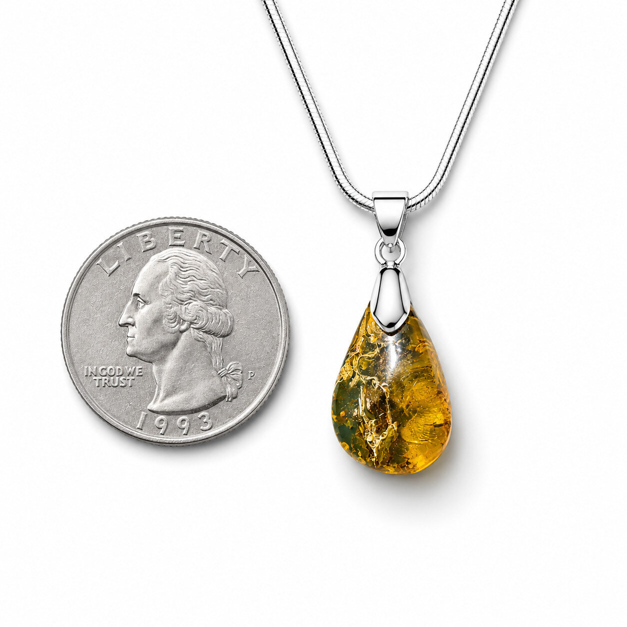 Natural Dominican Green Amber Pendant 925 Sterling Silver 38mm Polished Olive – photo 4