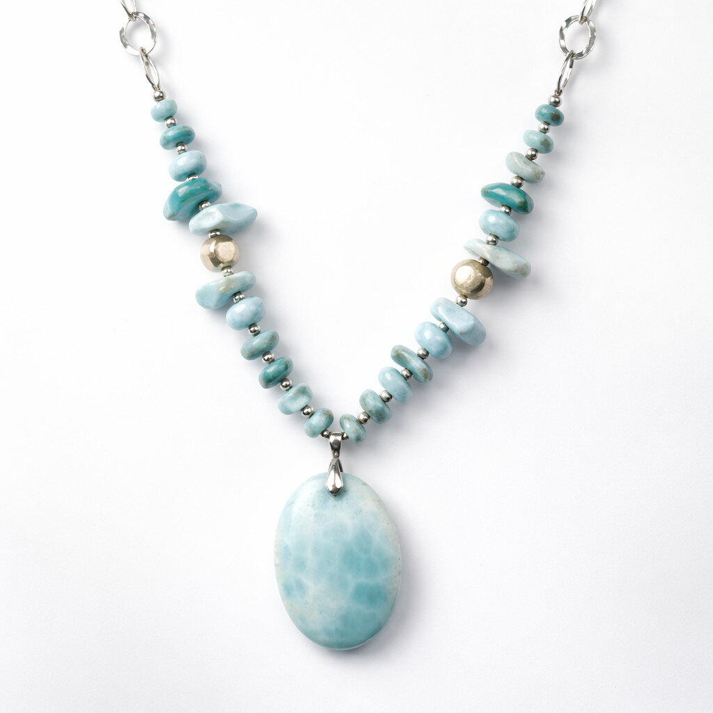 55g Larimar Necklace solid 925 Sterling Silver 18” 38mm Statement