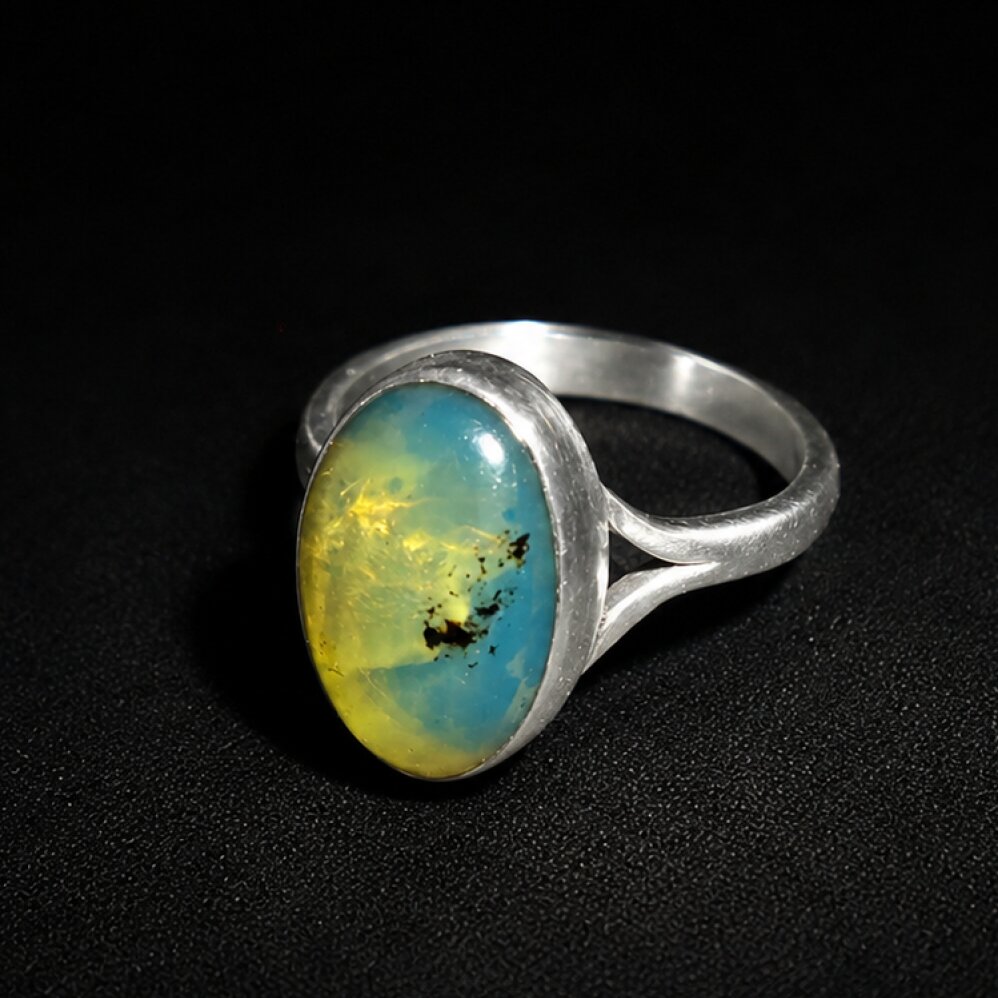 Hand Finished Clear Yellow Blue Dominican Amber 925 Sterling Silver Ring #7