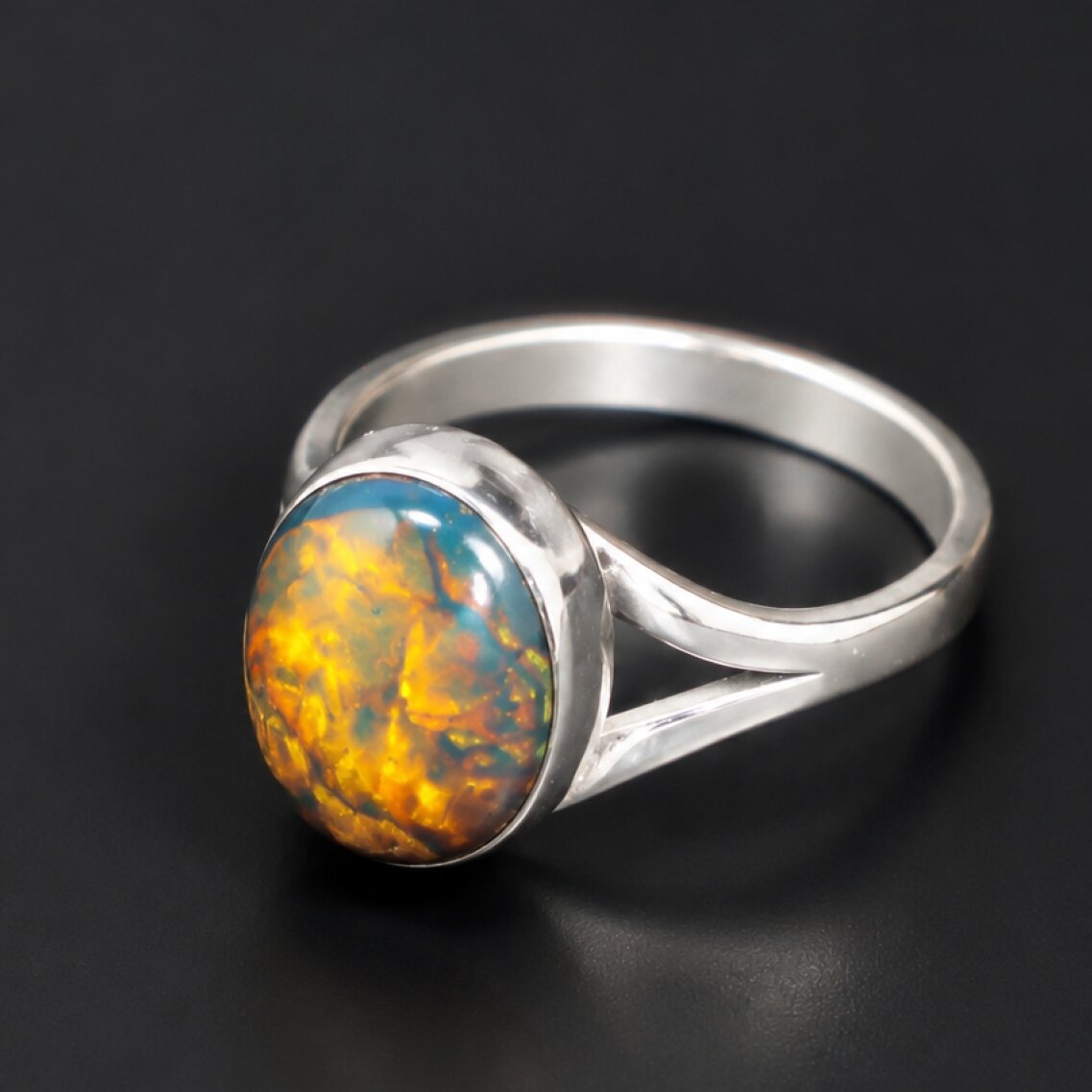 Artisan Made Clear Orange Blue Dominican Amber 925 Sterling Silver Ring #6