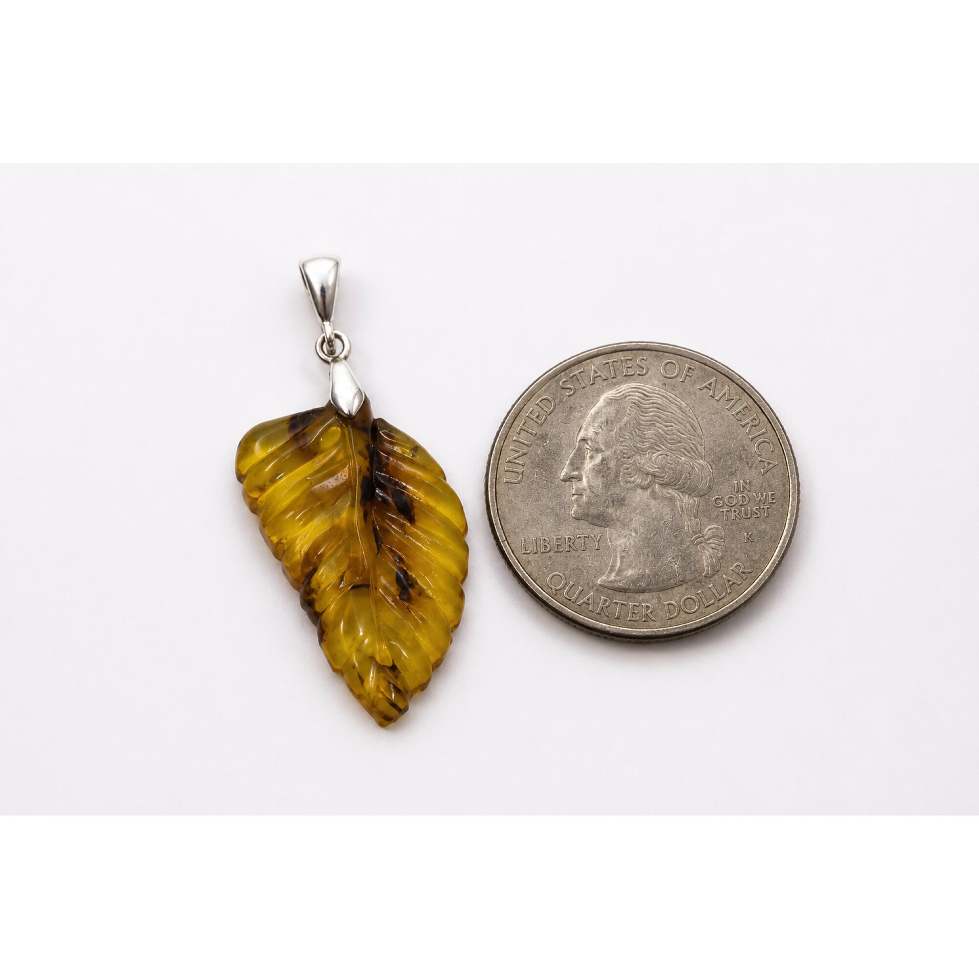 Clear cognac blue Natural Dominican Amber leaf 925 Sterling Silver Pendant 43 mm – photo 5