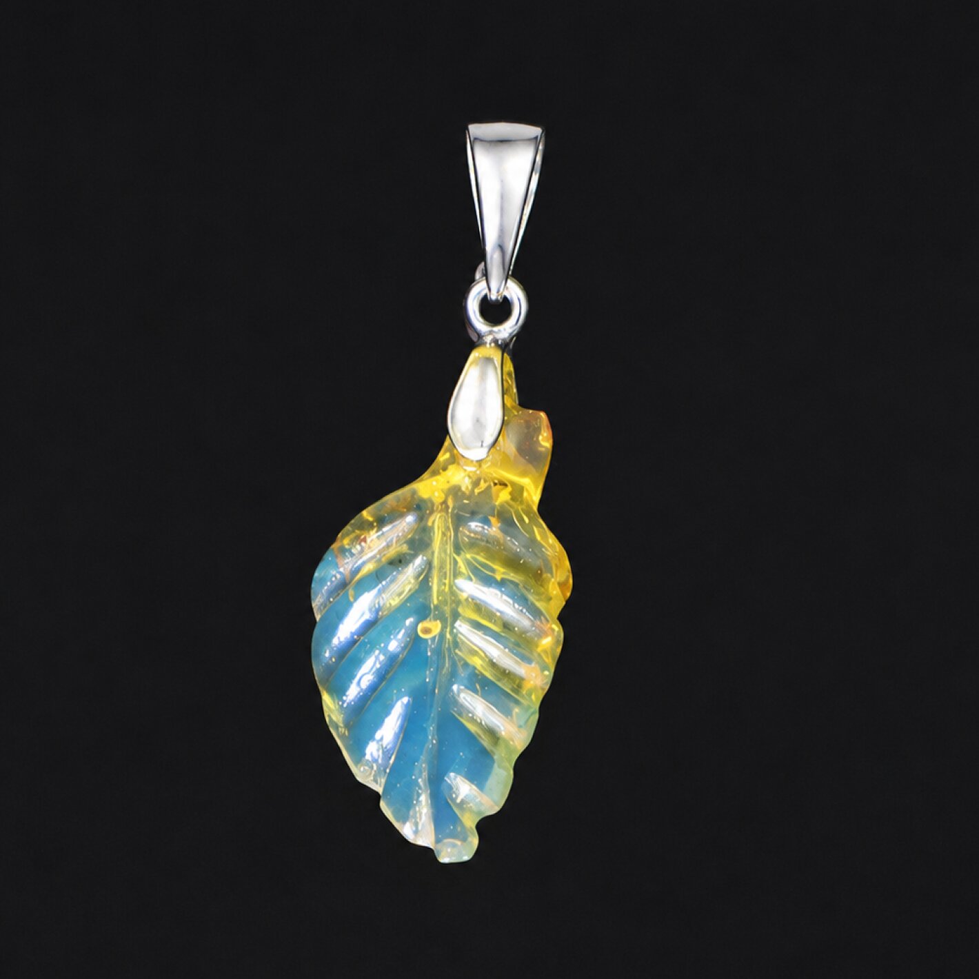 Clear sky blue Natural Dominican Amber leaf 925 Sterling Silver Pendant 36 mm – photo 2