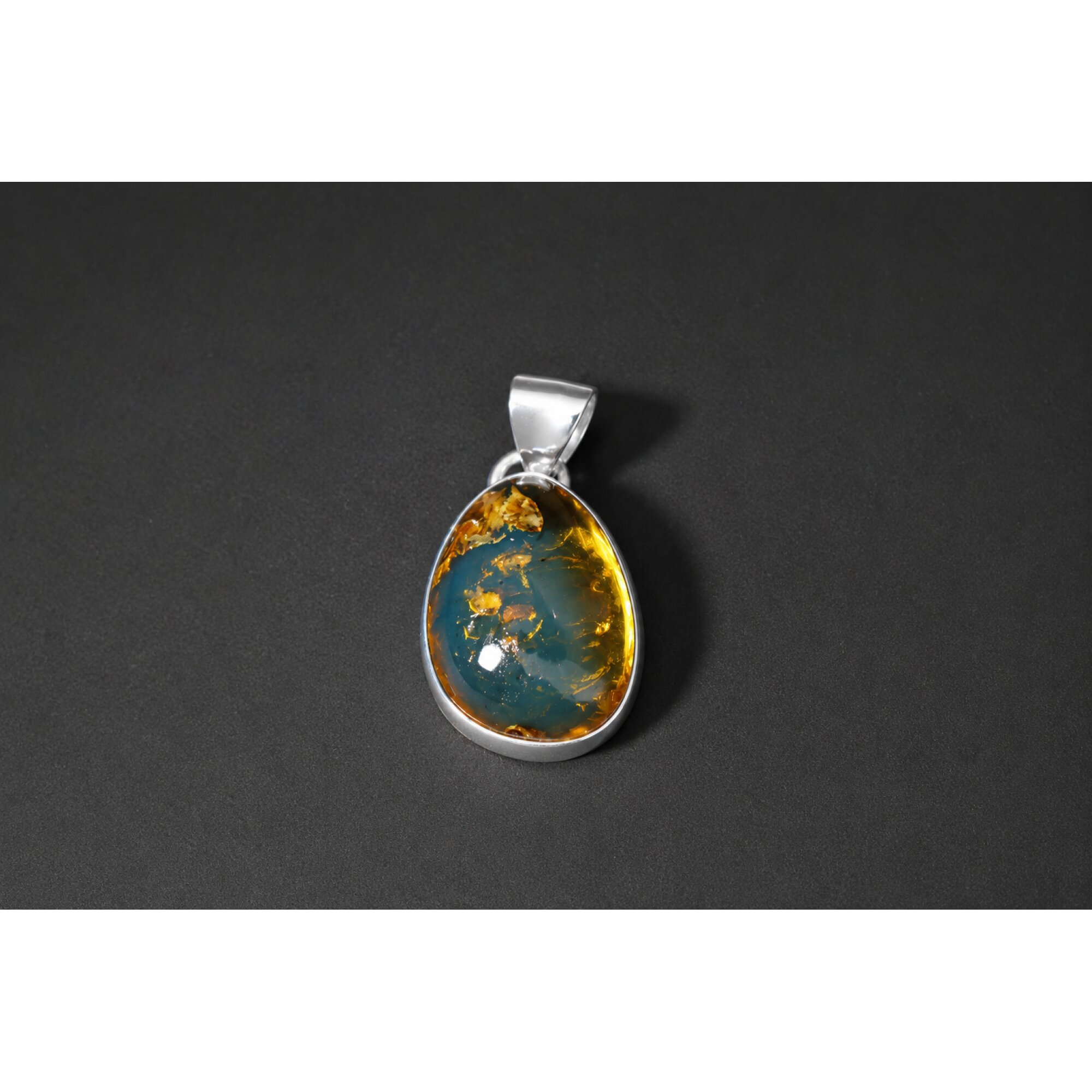 Translucent deep blue Natural Dominican Amber drop 925 Sterling Pendant 26 mm – photo 2