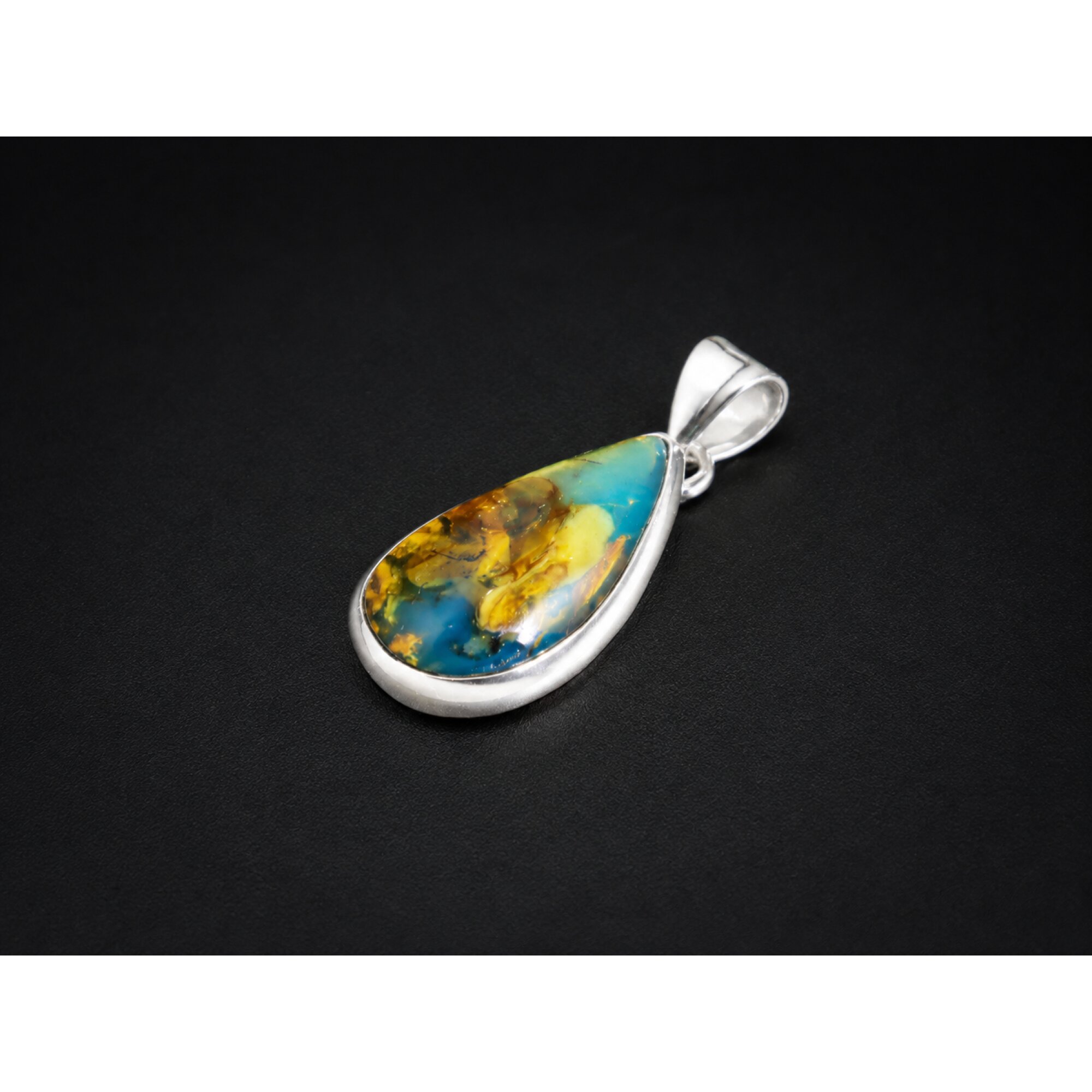Translucent yellow blue Natural Dominican Amber drop 925 Sterling Pendant 33 mm – photo 3