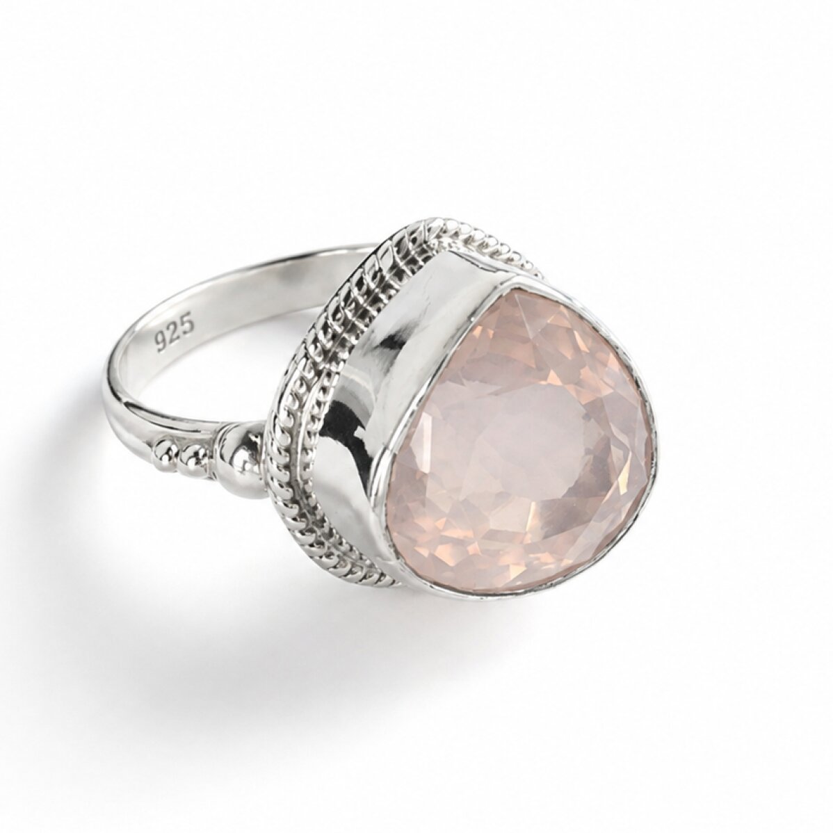 Clear pink Natural Rose Quartz triangle 925 Sterling Silver Ring Size 8.50