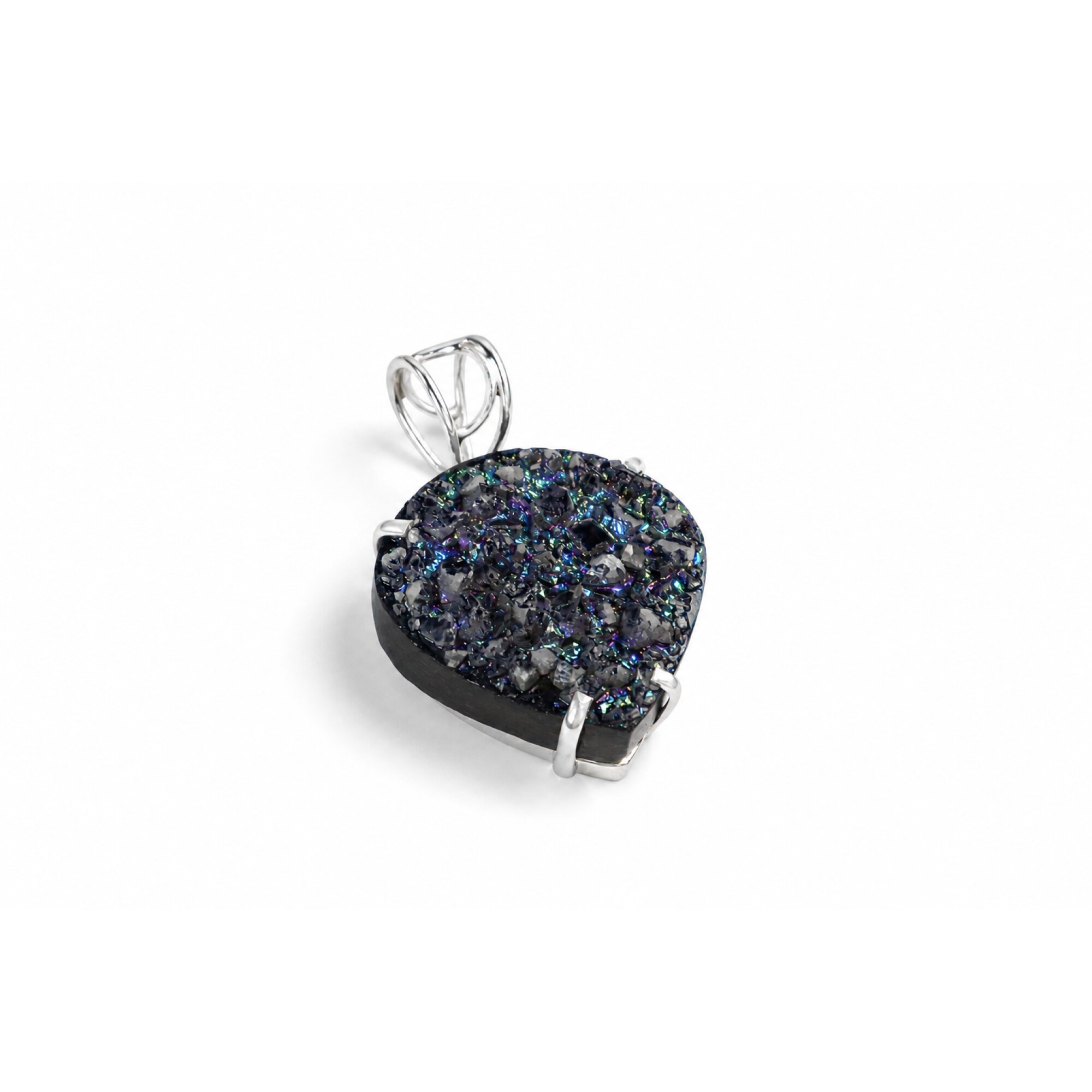 Clear dark blue green Natural Titanium Druzy Quartz heart 925 Pendant 50 mm – photo 5