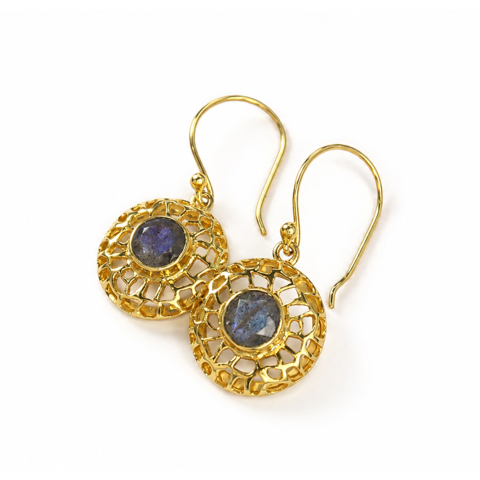 Clear purple labradorite round 18k Gold Plated On Sterling Silver Earrings 37 mm