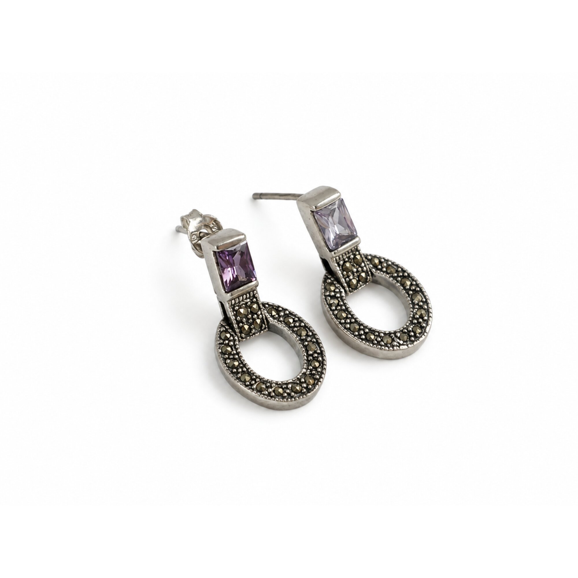Clear light purple Natural amethyst with Marcasite 925 Sterling Earrings 24 mm – photo 2