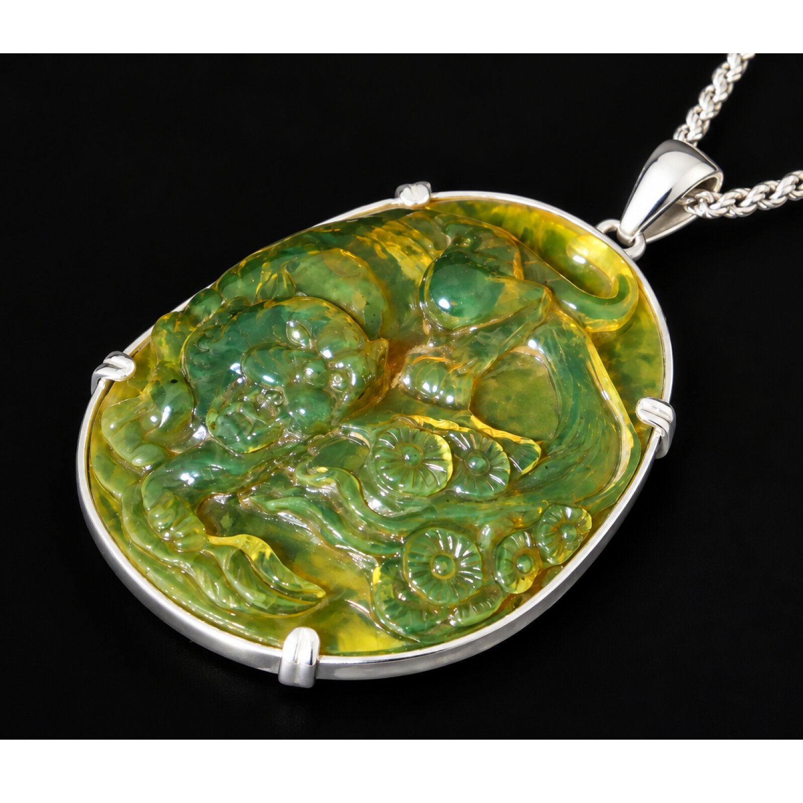 Hand Carved Tiger Dominican Green Amber Sterling Silver Pendant 64mm