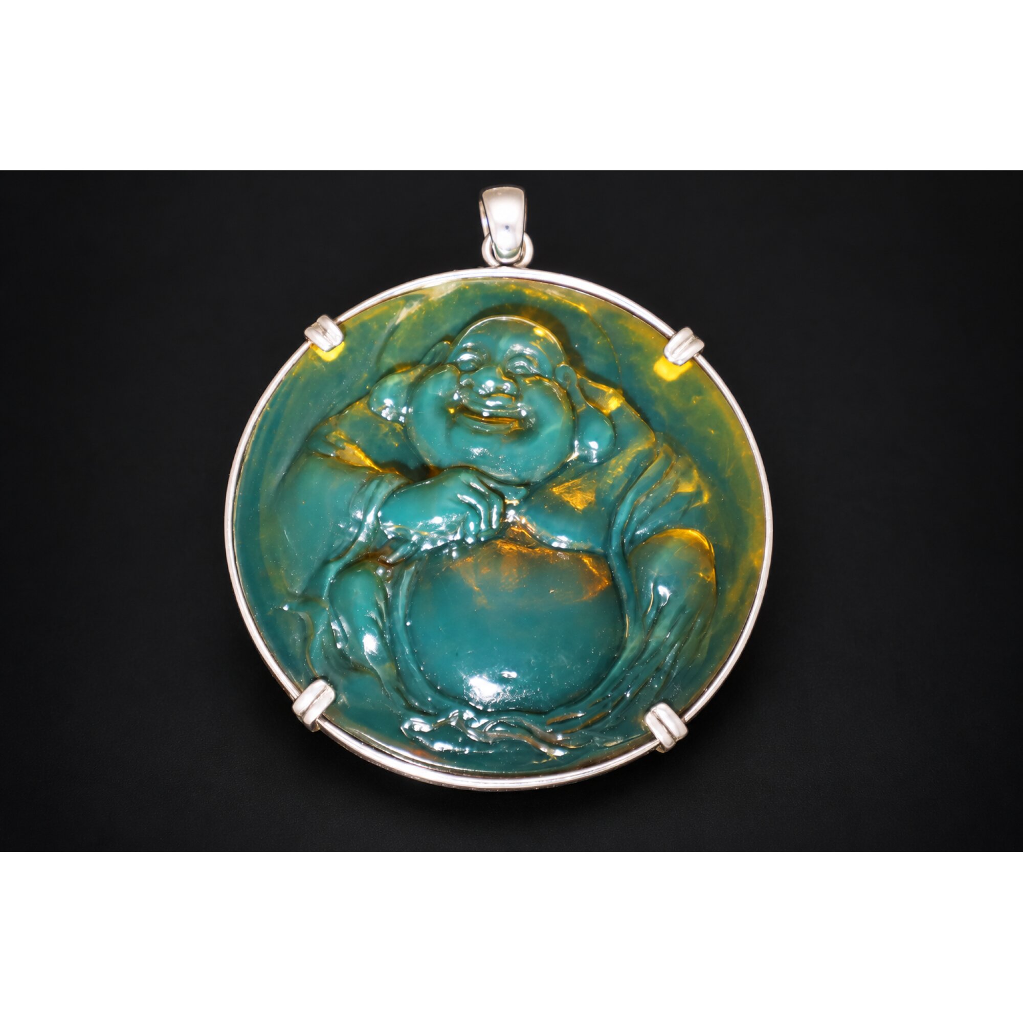Expertly hand carved cognac green Dominican amber sterling silver pendant 63mm – photo 13