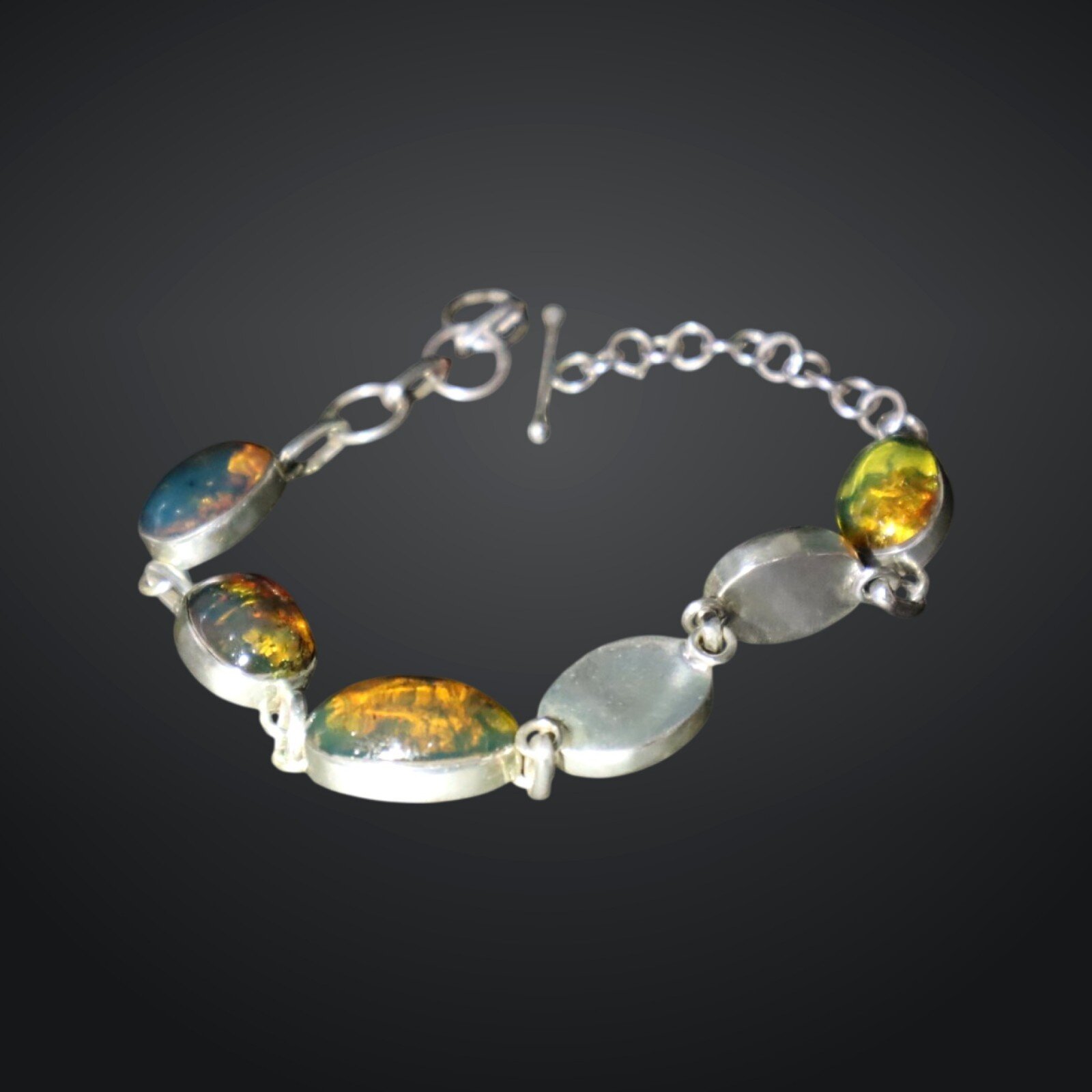 Quality Artisan Blue Green Dominican Amber 925 Sterling Silver Oval Bracelet 5"+ – photo 6
