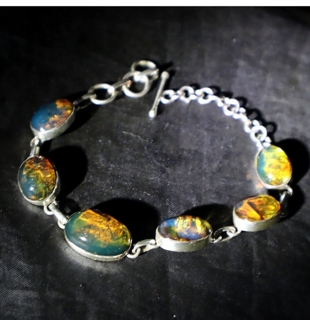 Quality Artisan Blue Green Dominican Amber 925 Sterling Silver Oval Bracelet 5"+ – photo 8