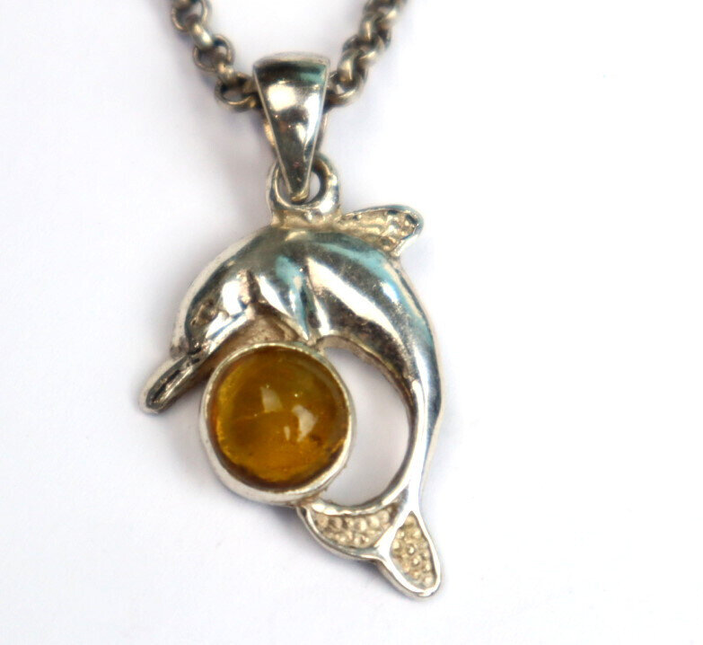 Beautiful Natural Orange Yellow Amber .925 Sterling Silver Dolphin Pendant 33mm – photo 3