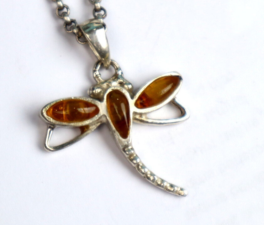 Natural Clear Yellow Orange Amber .925 Sterling Silver Dragonfly Pendant 34mm – photo 9