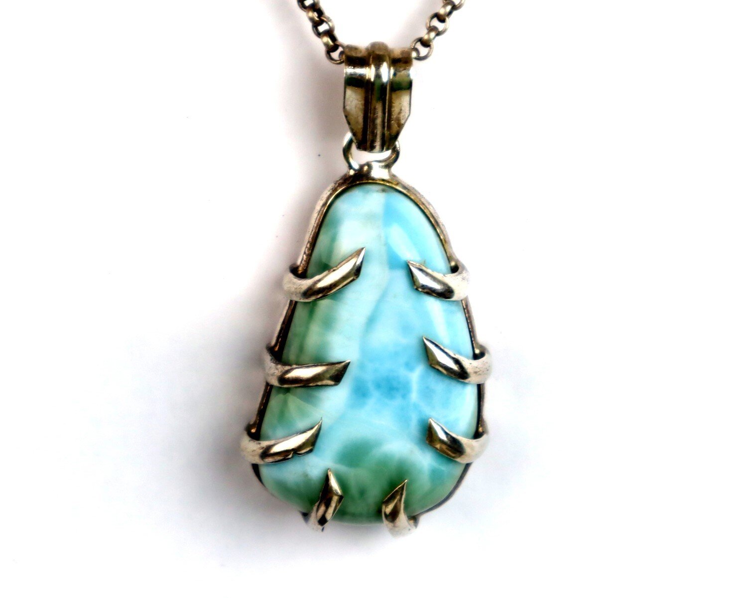 Charming Design Natural Green Blue Larimar .925 Sterling Silver Pendant 2.2 inch – photo 3