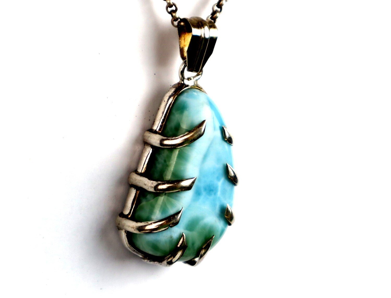 Charming Design Natural Green Blue Larimar .925 Sterling Silver Pendant 2.2 inch – photo 5