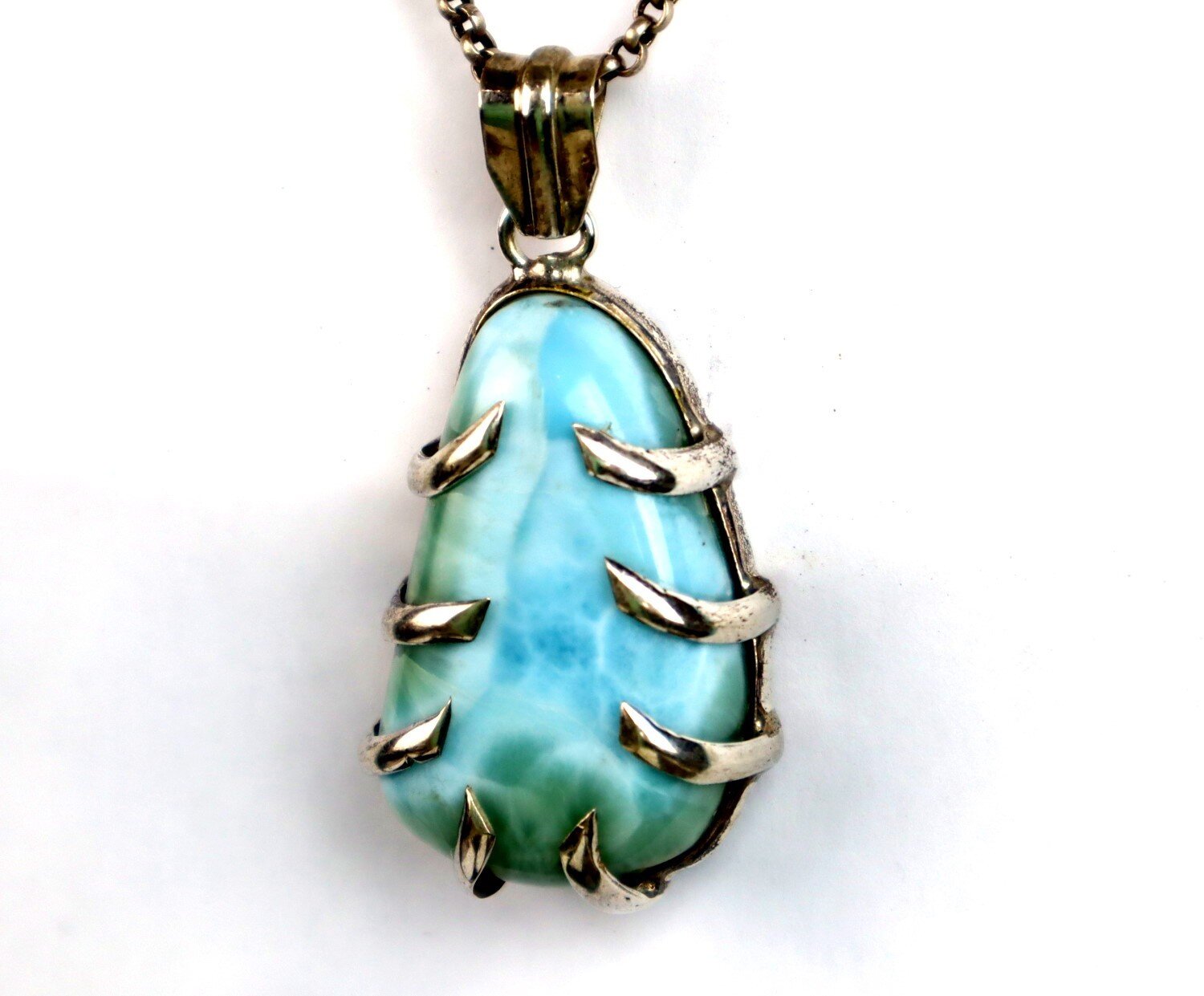 Charming Design Natural Green Blue Larimar .925 Sterling Silver Pendant 2.2 inch – photo 7