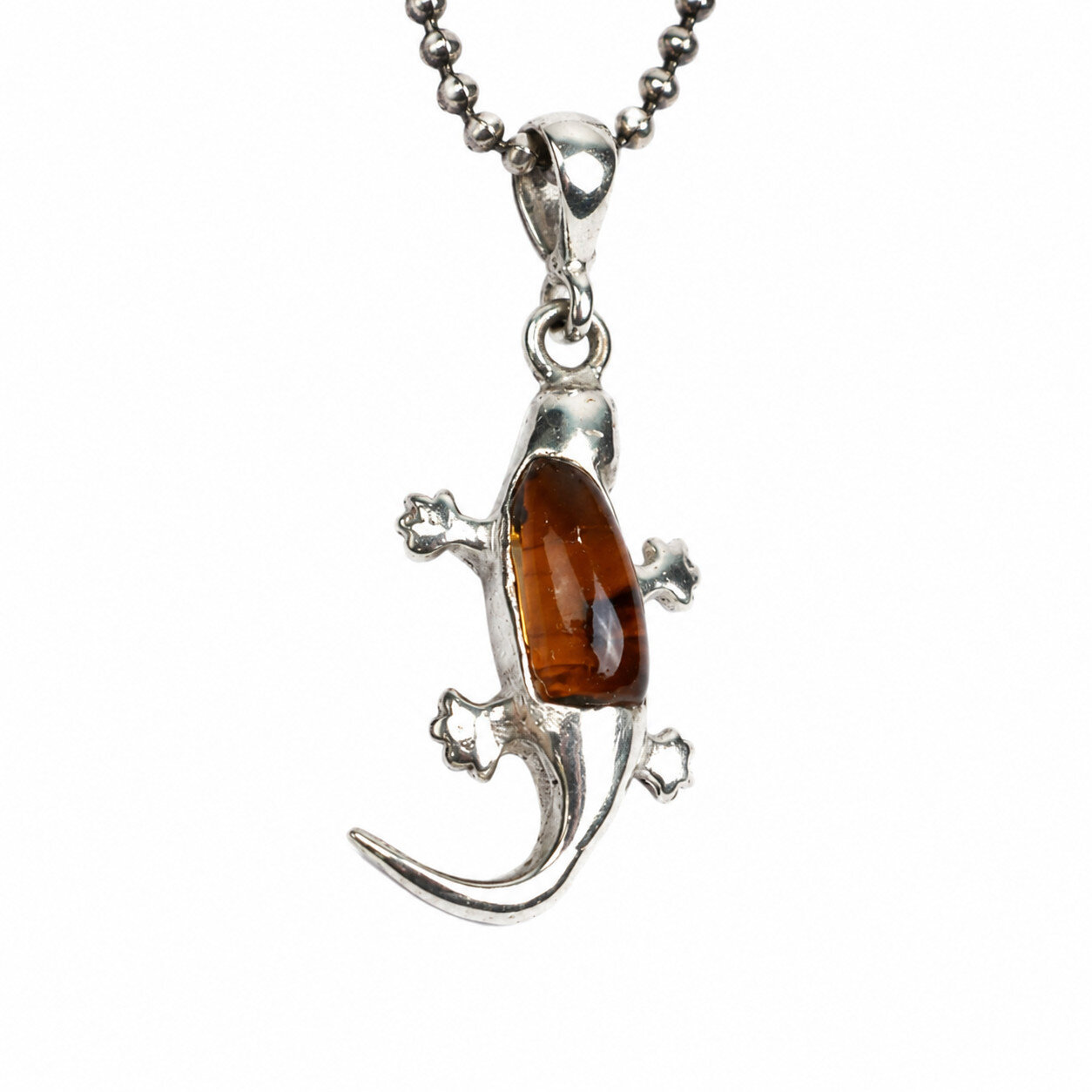 Natural Orange Red Amber .925 Sterling Silver Gecko Leguan Pendant 41mm